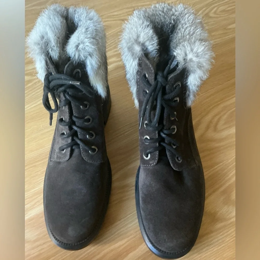 Aquatalia Lacy Suede Lace Up Combat Ankle Boots Dark Brown Rabbit Fur Trim 8.5
